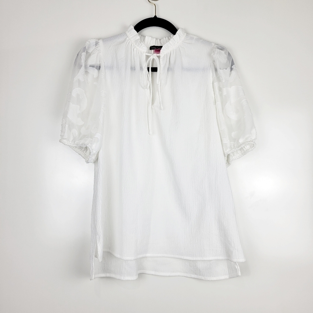 NWT Vince Camuto Falling For Florals Puff Sleeve Top Lace Ruffled New Ivory Sz M - Picture 2 of 11